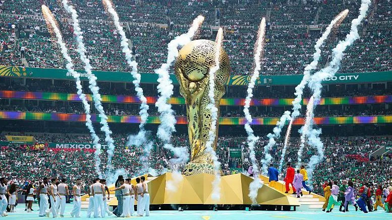 Fireworks going off around a huge replica of the World Cup trophy at the opening ceremony before Mexico v South Africa