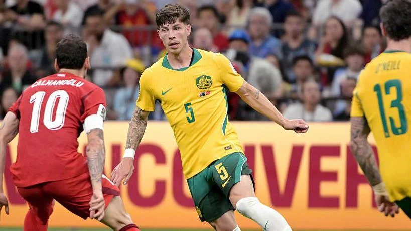 Jordan Bos in action for Australia against Turkey during a World Cup group-stage match.